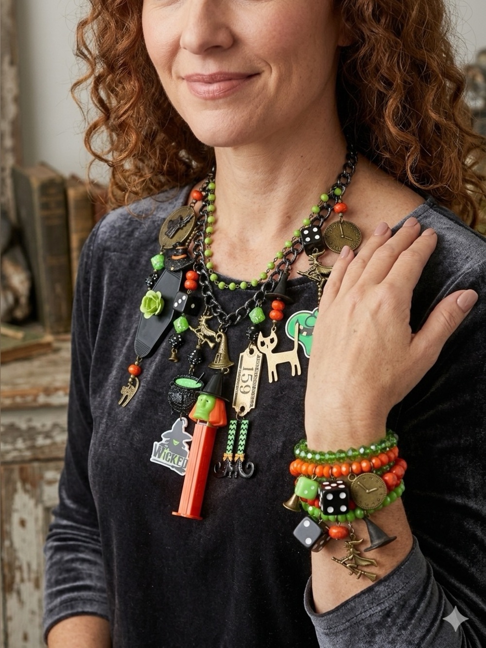 Primitive Peddler Wicked Green & Black Necklace & Bracelet Set